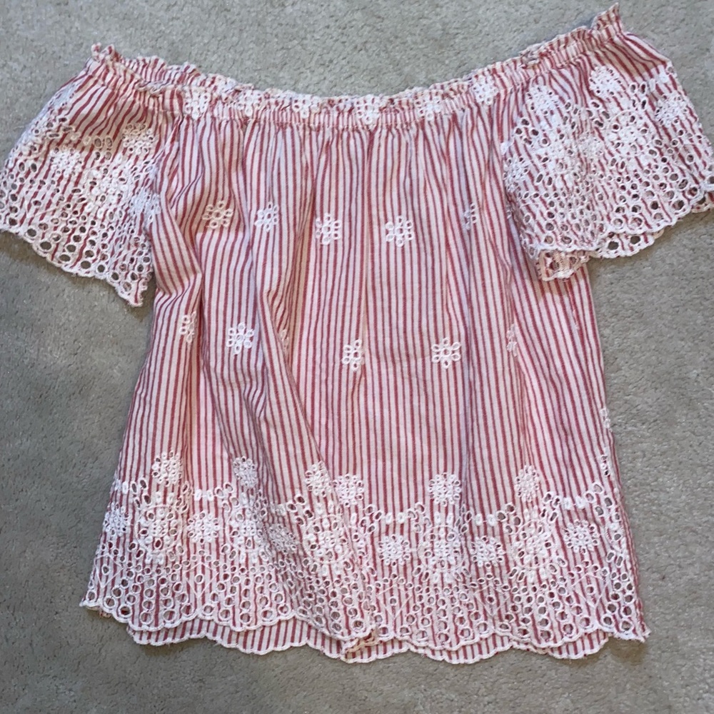 Striped Off-The-Shoulder Top with Eyelet Detailing